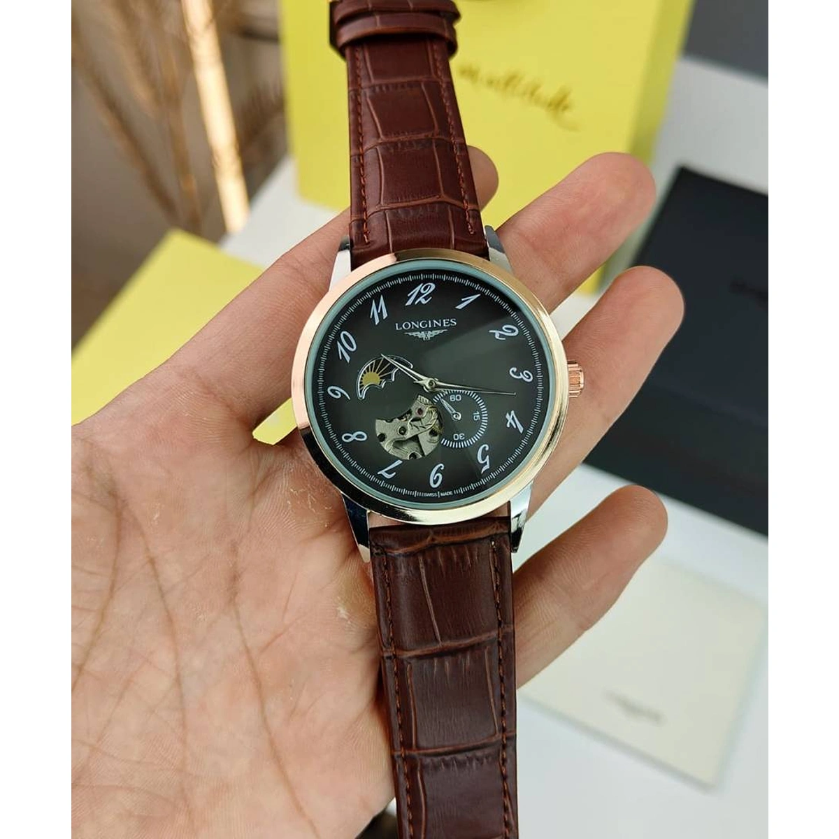 Premium Longines Watch Black Dial Brown Strap For Men (SOS631) - stayhit.in Premium Longines Watch Black Dial Brown Strap For Men (SOS631) - stayhit.in