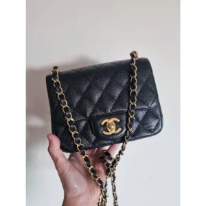 Stylish Chanel Mini Square Bag Caviar Black Gold With Box For Women (BOT2884) - stayhit.in
