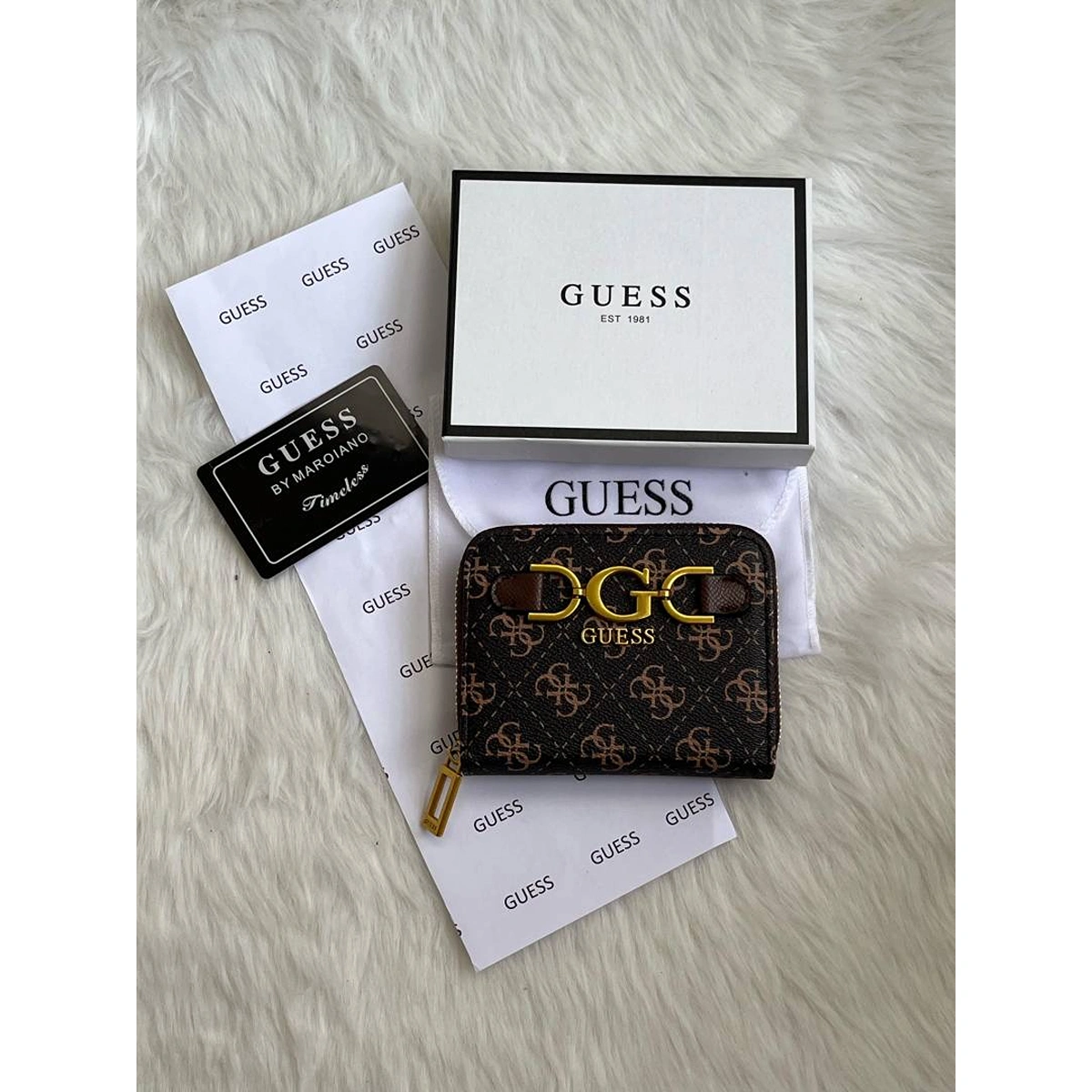 Stylish Guess Mini Wallet Brown With Og Box Dust Cover Card For Women (DW222) - stayhit.in
